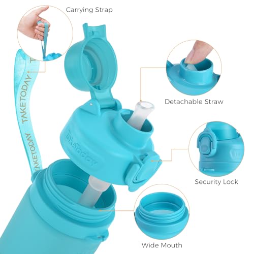 TakeToday Collapsible Water Bottles 21oz (600mL), Foldable Platinum Silicone Travel Water Bottle with Straw & Carry Strap, Leak-Resistant Screw Lid, Wide Mouth, BPA-Free for Hiking, Camping, Travel - color: Black&Ocean