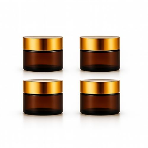 4 Packs 15ml/0.5Oz Amber Glass Cream Jars with Gold Lid Small Cosmetic Containers Refillable Skincare Travel Sample Jars for Face Cream, Balm, Lotion, Salve