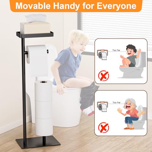 Freestanding Toilet Paper Holder Stand with Storage, Rustproof Metal Bathroom Paper Stand with Weighted Anti-Slip Base, Fits 4 Spare Rolls and Shelf for Phone & Small Items, No Drilling - color: Black-style a