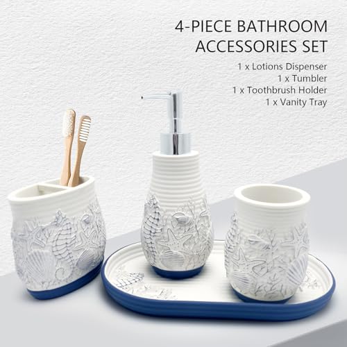 Beach Theme Bathroom Accessory Sets 4PCS Bathroom Accessories Set Complete Embossed Seashell Starfish Design Includes Lotion Dispenser Toothbrush Holder Tumbler Cup & Vanity Tray - color: White With Blue, size: Tray