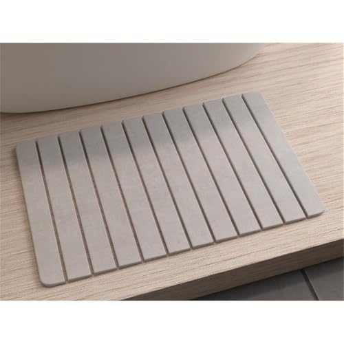 Pemberly Row Quick-Dry Diatomite Stone Bath Mat, 34x21 in, Gray, Slatted Design, Highly Absorbent, Fast-Drying for Bathroom, Non-Slip, Easy Care, Large Rollable Mat