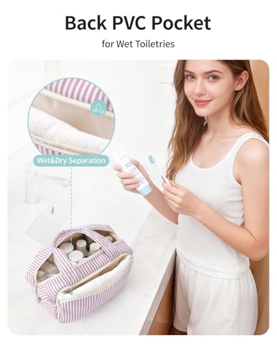 Narwey Travel Toiletry Bag for Women, Wide Open Large Makeup Bag, Cosmetic Bag Make Up Organizer with Handle, Wet Pocket for Towel, Travel Bag for Toiletries, Brushes, Essentials (Dusty Pink Stripe) - color: Y-Dusty Pink Stripe