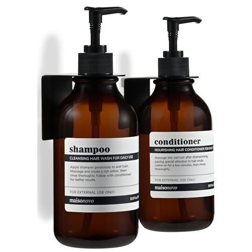 Shampoo and Conditioner Dispenser Wall Mounted Set of 2 Amber Black - No Drill Shower Soap Dispenser for Bathroom Refillable - Spa Hotel Style Accessories by MaisoNovo | 500 ml Shower Gel Dispenser Set of 2. Refillable Shampoo and Conditioner Bottles. Dri