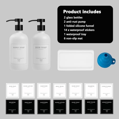 Kitchen Soap Dispenser - Hand and Dish Soap Dispenser Set, Bathroom Glass Soap and Lotion Dispenser with Pump, Tray, 14 Waterproof Labels, Set of 2 White Bottle/Black Pump-pd - color: White Bottle/Black Pump + Tray