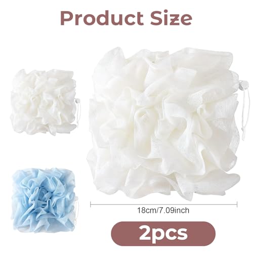2 in 1 Loofah Sponges 2-Pack Dual-Sided Exfoliating Bath Sponges for Shower & Loofah Washcloth for Bar Soap Premium Body Scrubber with Drawstring for Gentle Skin Smoothing - Blue＆Beige - style: Blue＆Beige
