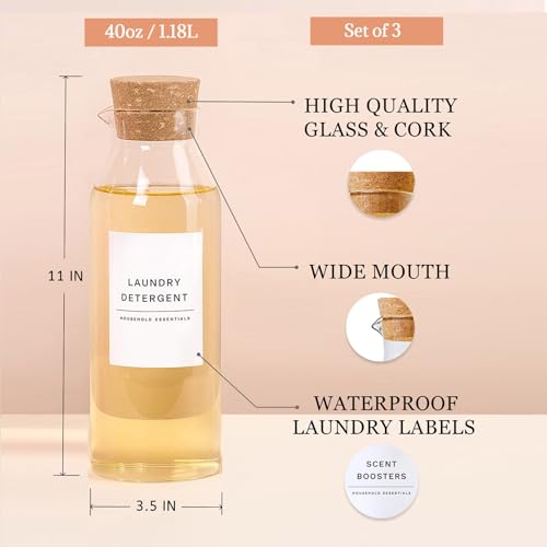 Glass Laundry Detergent Dispenser Set with Cork Lids, Fabric Softener Dispenser, Easy Pour 3 Pack Laundry Bottles, Liquid Detergent Containers, Scent Booster & Bleach Container for Laundry Room - size: 3 Bottles