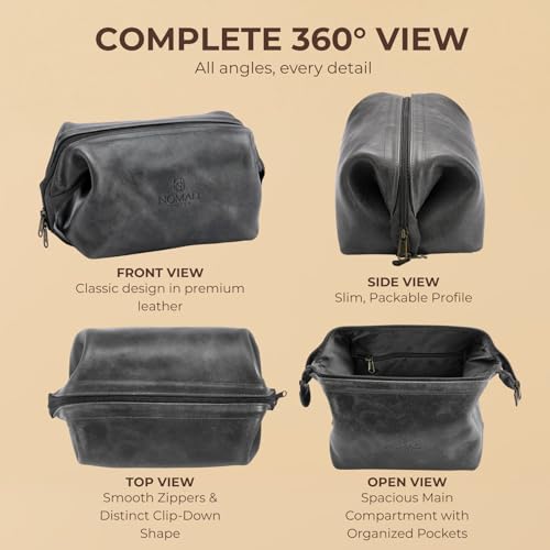 NomadCraftsCo. Premium Leather Travel Toiletry Bag for Men and Women, King-Size Dopp Kit with Waterproof Lining, Mens Toiletry Travel Bag - color: Charcoal Grey