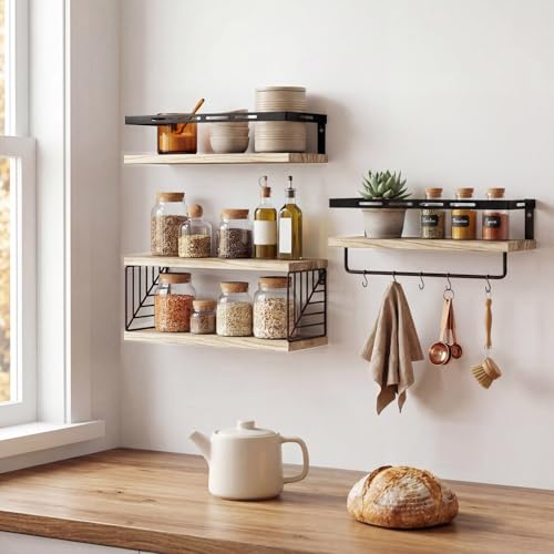 Fixwal Bathroom Shelves Over Toilet, Floating Shelves Wall Mounted with Metal Frame and Towel Bar for Bathroom, Kitchen, Bedroom, Living Room (3 Plus 1 Rustic Brown) - color: 1-rustic Brown