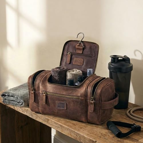 LEATHER VILLAGE Genuine Leather Travel Dopp Kit for Men & Women – Water-Resistant Large-Capacity Hanging Toiletry Bag for Travel, Grooming, Bathroom Organization, Shaving Essentials & Gym Use - Brown - color: Brown