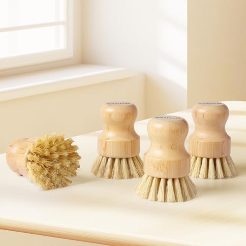 4 Pack Bamboo Dish Brush, Dish Scrubber Brush with Sisal Bristle, Natural Scrub Brush for Kitchen Cleaning Dishes, Pots, Pans, Bottles, Vegetables
