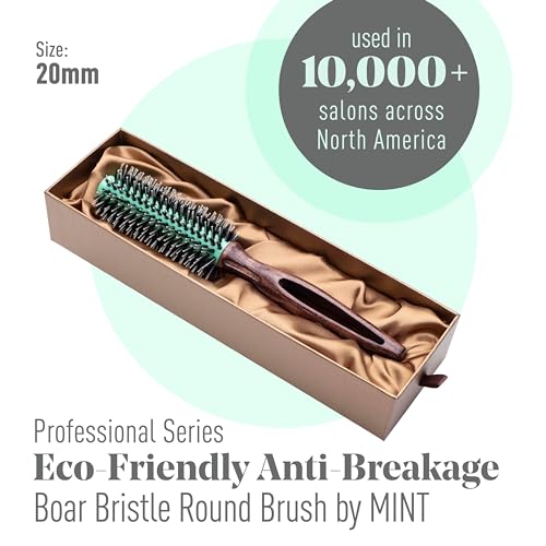 MINT Eco-Friendly Boar Bristle Round Brush for Blow Drying | Durable Blowout Styling for All Hair Types | Ceramic Round Brush with Hand-Crafted Wooden Handle (20 mm) - size: 20 mm Round Brush