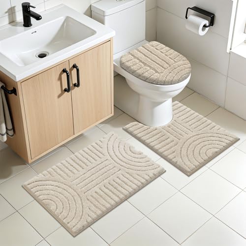 SHACOS Bathroom Rugs Sets 5 Piece Ultra Soft Absorbent Microfiber | Bath Mat with Bath Runner, U Shape Contour Rug, Toilet Lid Cover, Non Slip Machine Washable Carpet for Bedroom, Light Beige - color: Light Beige