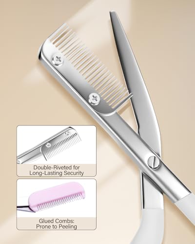 Eyebrow Scissors for Women, Stainless Steel Beauty Scissors with Comb, Precision Trimming Tool for Brows & Facial Hair, Sharp Blades with Safety Guard, Compact & Travel-Friendly (White)