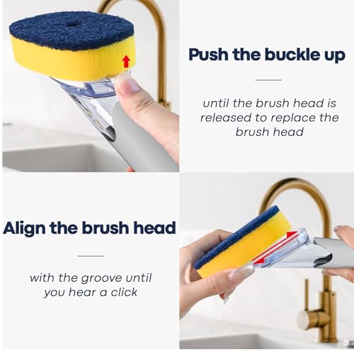 Dish Brush with Soap Dispenser Storage Set with 2 PCS Sponge Refills & Holder, Soap Dispensing Dish Brushes, Sponge with Soap Dispenser Handle, Dish Sponges with Handle for Dishes Pans Pots Sink(Gray) - color: Gray