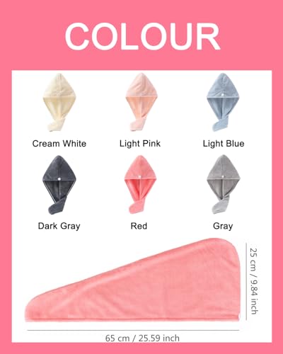Lumimi 6 Pack Microfiber Hair Towel Wrap for Women,Super Absorbent Quick Dry Lightweight Turban with Button Anti Frizz Fast Drying for Straight Curly Hair - color: Red+red+grey+grey+darkgrey+darkgrey
