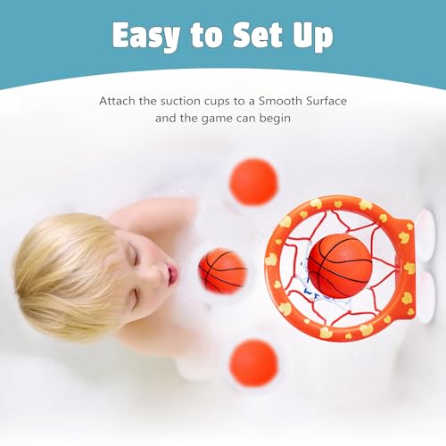 MARPPY Bath Toys – Bathtub Basketball Hoop for Toddlers and Kids, Bath Toy Shower Toy with 4 No-Hole Balls and Suction Cups Basketball Hoop Bath, Tub Toys for Kids and Toddlers - color: Orange 4 Balls (2 Stripes, 2 Without Stripes)