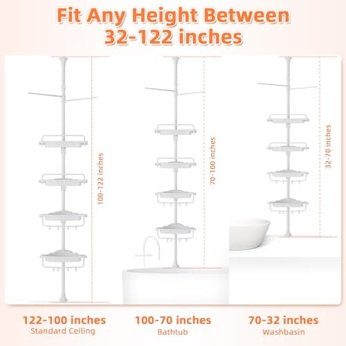 XLHOMO 32-122inch Corner Shower Caddy Tension Pole All White, Rustproof Drill-Free Shower Shelves for Bathroom Bathtub Washbasin, Adjustable Shower Organizer with 4 Tier Patent Shelves & Towel Bars - color: All White