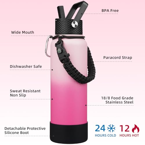 BJPKPK Insulated Water Bottle with Straw Lid, 40oz Large Thermal Flasks with 3 Lids, Paracord Handle & Non-slip Boot, BPA Free Leak Proof Stainless Steel Metal Water Bottles, Tumblers, Cups,Cherry - color: Cherry, size: 40 Ounces