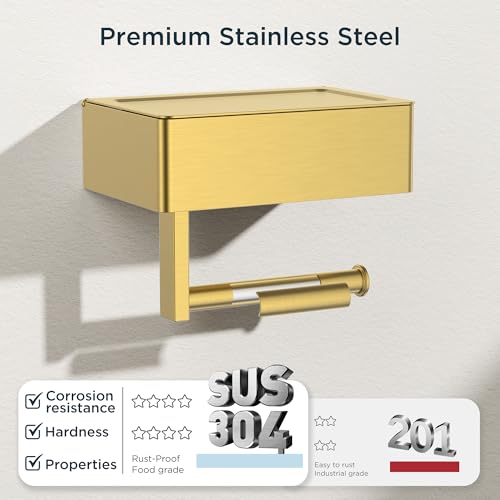 FORIOUS Toilet Paper Holder with Shelf, Sanitary Napkin Receptacle Tampon Holder, Wall Mount Toilet Paper Holder with Storage, Flushable Wipes Dispenser Fits for Bathroom Commercial(1, Brushed Gold) - color: Brushed Gold, size: 1 Pack-8" (L)