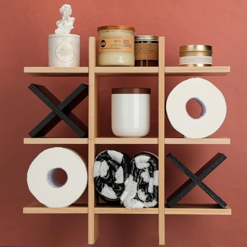 Weysat Tic Tac Toe Toilet Paper Holder Stand Bathroom Wall Decor Rustic Wooden Hanging Storage Freestanding Wall Mounted Shelves Decor for Toilet Tissue Farmhouse - color: Wood Color, Black