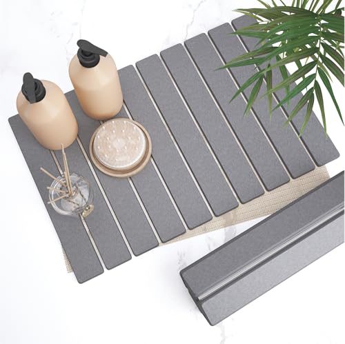 Stone Bath Mat for Bathroom – Roll-Up & Foldable | 23.62" x 15.75" | Quick Drying & Super Absorbent | Long Diatomite Stone Drying Mat for Kitchen| Non-Slip | Durable | Gray - color: Grey