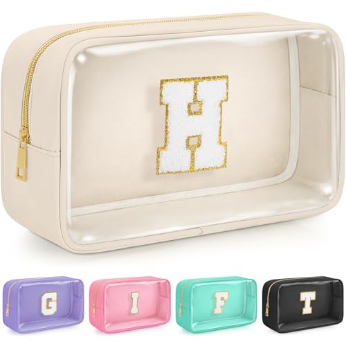Initial Clear Makeup Bag, Birthday Gift Preppy Chenille Patch Cosmetic Bag, Initial Travel Essentials Beach Toiletry Pouch, Ideal Gift for Teachers & Moms, Women and Girls (Beige, H) - color: Beige, style: H