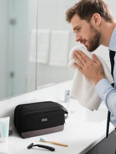 WANDF Toiletry Bag for Men Travel Toiletry Organizer Canvas and Leather Dopp Kit Water-Resistant Shaving Bag for Travel Accessories (Black, Large) - color: L, Black, size: Large