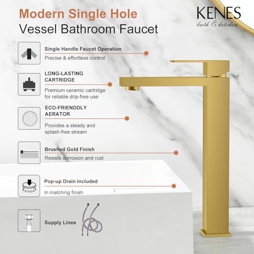 KENES Brushed Gold Tall Bathroom Faucet, Single Handle Vessel Sink Faucet Gold Vanity Bathroom Faucet with Supply Lines and Pop Up Sink Drain, LJ-9031A-4 - color: Gold, size: Tall