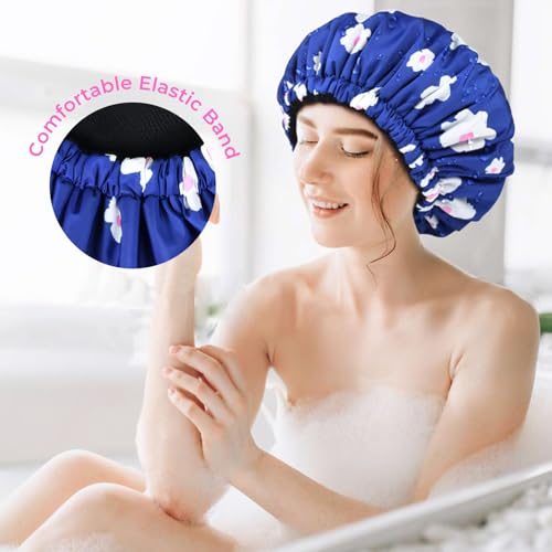 Shower Cap for Women Terry Lined Bath Cap Large Reusable Waterproof Elastic Band Blue Shower Caps for Long Thick Hair Soft Bath Shower Hair Caps - color: Blue Flowers