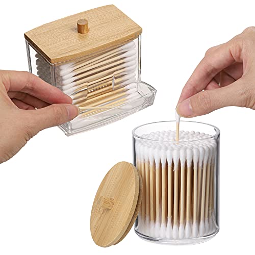 Tbestmax Qtips Holder Bathroom Container, 10/7 OZ Cotton Ball/Swabs Dispenser, Apothecary Jar Organizer for Storage Wood Lids - color: Group A-Beige Wood