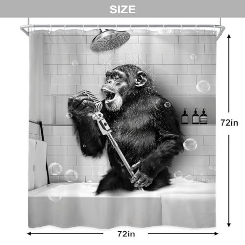 Newsely Funny Monkey Shower Curtain 72Wx72H Inch Black White Animal Chimpanzee Singing in Bathtub Men Kids Boy Shower Curtain Bathroom Set Modern Cool Waterproof Bath Decoration Accessories Home Decor - color: G-monkey, size: 72"W x 72"L (Pack of 1)