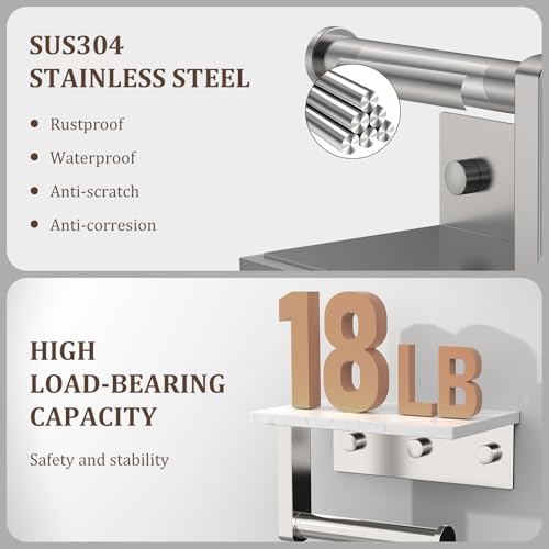 BWE Brushed Nickel Toilet Paper Holder with Marble Shelf, Toilet Paper Roll Holder Wall Mounted, Toilet Paper Roll Holder with Phone Shelf 304 Stainless Steel Tissue Holder for Bathroom Washroom - color: Brushed Nickel