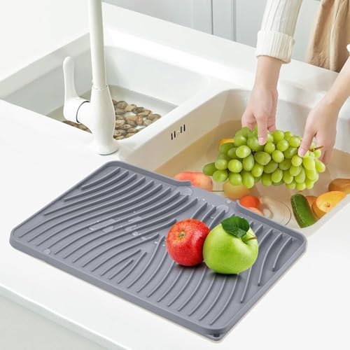 TIKNIK Silicone Dish Drying Mat for Kitchen Counter - Heat Resistant & Non-Slip Dish Drain Pad with Built-In Drain, Dishwasher Safe, Quick-Dry, Hangable & Roll-Up for Storage, Grey-1pcs, 16" x 12" - size: 16" x 12"