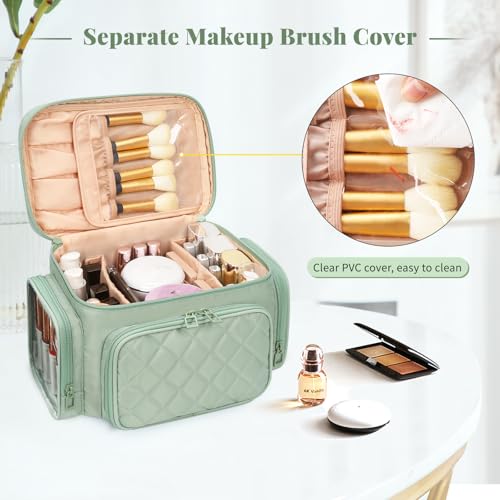 Bagmoly Large Makeup Bag, Portable Travel Makeup Bag Organizer for Women Girls with Makeup Brush Compartment & Two Side Pockets, Cosmetic Travel Bag Vertical Storage Toiletry - Green - color: 07-Nylon Green, size: Medium