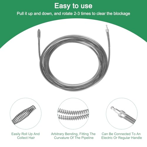 uxcell 1 Pcs Drain Clog Remover 393.7 inch 10M 10mm Thick, Drain Augers Hair Remover Spring Cable with Electric Drill Connector, Plumbing Snake for Kitchen Sink, Bathtub Drain Toilet - size: 393.7 Inch