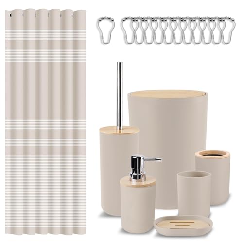Britimes Bathroom Accessories Sets, Boho Shower Curtain Set with Trash Can, Soap Dispenser, Toilet Brush Holder, Toothbrush Holder and Toothbrush Cup for Bathroom Decor (Beige) - color: Beige