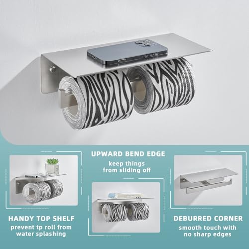 Angle Simple Bathroom Toilet Paper Holder, SUS 304 Stainless Steel Toilet Tissue Roll Holder with Storage Shelf, Wall Mount - color: Brushed Nickel, size: Double Rod