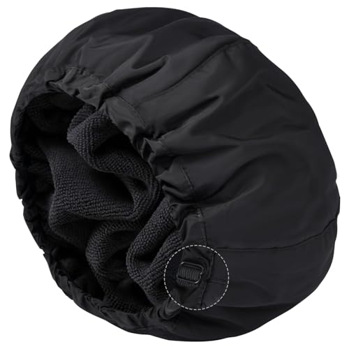 Shower Cap for Men Black Bath Cap, Reversible Terry Lined Large Waterproof Adjustable Shower Caps Elastic Band Stretch Hem Hair Hat for braids - color: BLACK