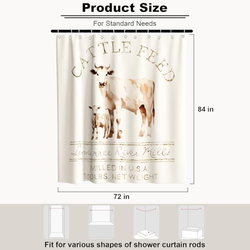 Farmhouse Abstract Animal Cattle Feed Cow Rustic Theme Fabric Shower Curtain Sets Bathroom Decor with Hooks Waterproof Washable 72 x 84 inches Ivory White - size: 72"W x 84"L (Pack of 1)