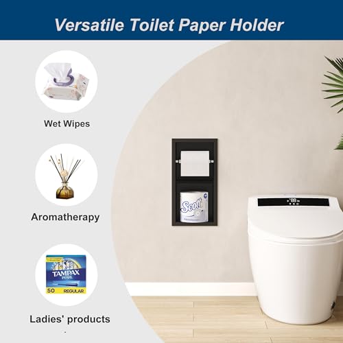 Neodrain Black Toilet Paper Holder, Contemporary Hotel Style Pivoting in Wall Tissue Holder, Stainless Steel Recessed Tissue Paper Roll Holder, Dual roll(Matte Black) - color: Matte Black, size: 6X12In