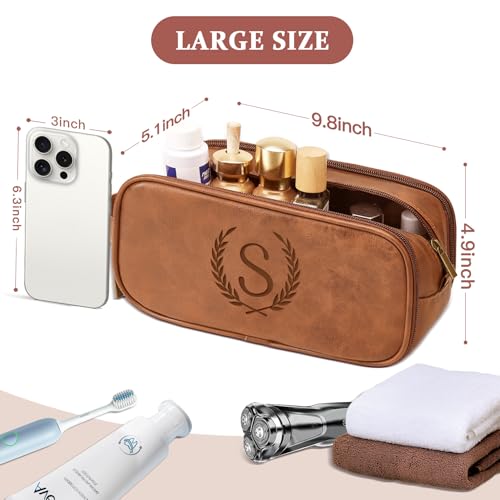 Travel Toiletry Bag For Mens PU Leather Engraved Initials (Yellow Brown V) | Personalized Gifts For Father Husband Groomsmen Birthday Waterproof Dopp Kit Bag Beach Travel Essentials Bathroom Organizer - color: Yellow Brown, style: V