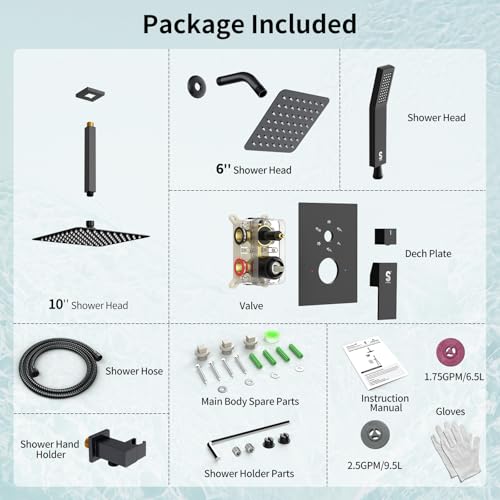 Shower Faucet Set Shower System - SR SUN RISE Matte Black Shower Trim Kit with Dual Shower Head, 10'' Ceiling Rainfall 6'' Wall Mount with Handheld Shower for Couples, Complete 6 Diverter Valve - color: Black, size: 10 Inch