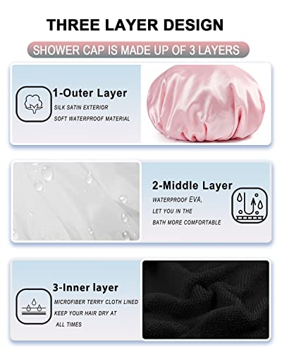 YIZIJIZI Terry Lined Shower Cap,Triple Layer Large Cap for Women,Shower Cap Reusable Waterproof,Long Thick Hair(Pink) - color: Pale pink