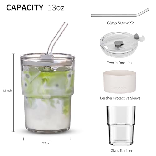 BLUEPOLAR 13 oz Tumbler Water Glass, Water Bottle with Straw and Dustproof Lid, Coffee Ice Cup Double Wall Insulated Glass Cup (White with Protect Sleeve) - color: White with Protect Sleeve