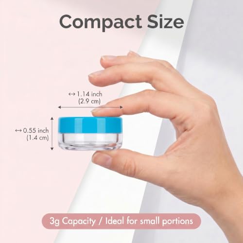 3 Gram Sample Jars with Lids, 25 Count Mini Cosmetic Containers - Makeup Travel Containers with Labels, Tiny Disposable Spatulas - color: Blue