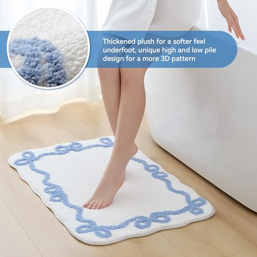 TRUEDAYS Blue Scalloped Bath Mat - Cute Bow Bathroom Rugs Small Non Slip Bath Mat, Soft & Absorbent Bath Rugs for Bathroom Decor, Tub, Vanity Floor - color: Blue Scalloped Bow