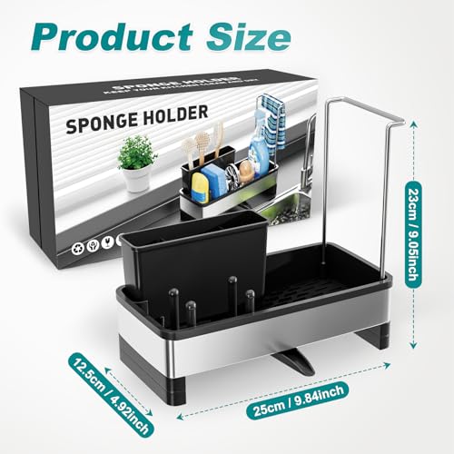 Ewaiira Stainless Steel Sink Caddy, Sponge Holder for Kitchen Sink with Brush Holder and Towel Rack, Sink Organizer for Countertop, Soap Kitchen Organizers Storage Essentials (A-Black) - color: A-black