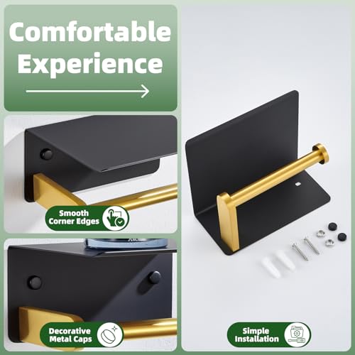 APLusee Black Gold Toilet Paper Holder with Phone Shelf, 304 Stainless Steel Bathroom Paper Holder Wall Mounted, Heavy Duty Tissue Roll Dispenser - color: Black Gold, size: Single Rod