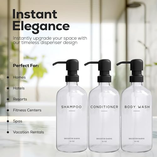 Clear Shampoo and Conditioner Dispenser Set by Brighter Barns - Body Wash, Shampoo Dispenser for Shower with Pump - Refillable Plastic Shower Bottles for Bathroom Decor in Home, Airbnb, Hotel (Clear) - color: Clear