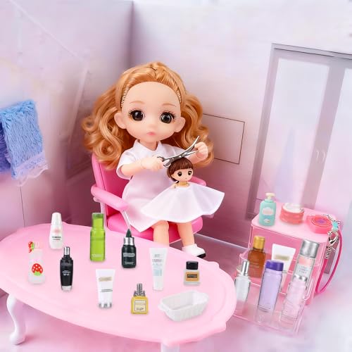 DIYDEC 75Pcs Dollhouse Mini Jewelry Storage Case Miniature Bathroom Accessories Figurines with Makeup Set Towel Cosmetic Toothbrush Shampoo Perfume Hair Dryer Comb Purse Doll Backpack Micro Scene - color: Dollhouse Makeup Set